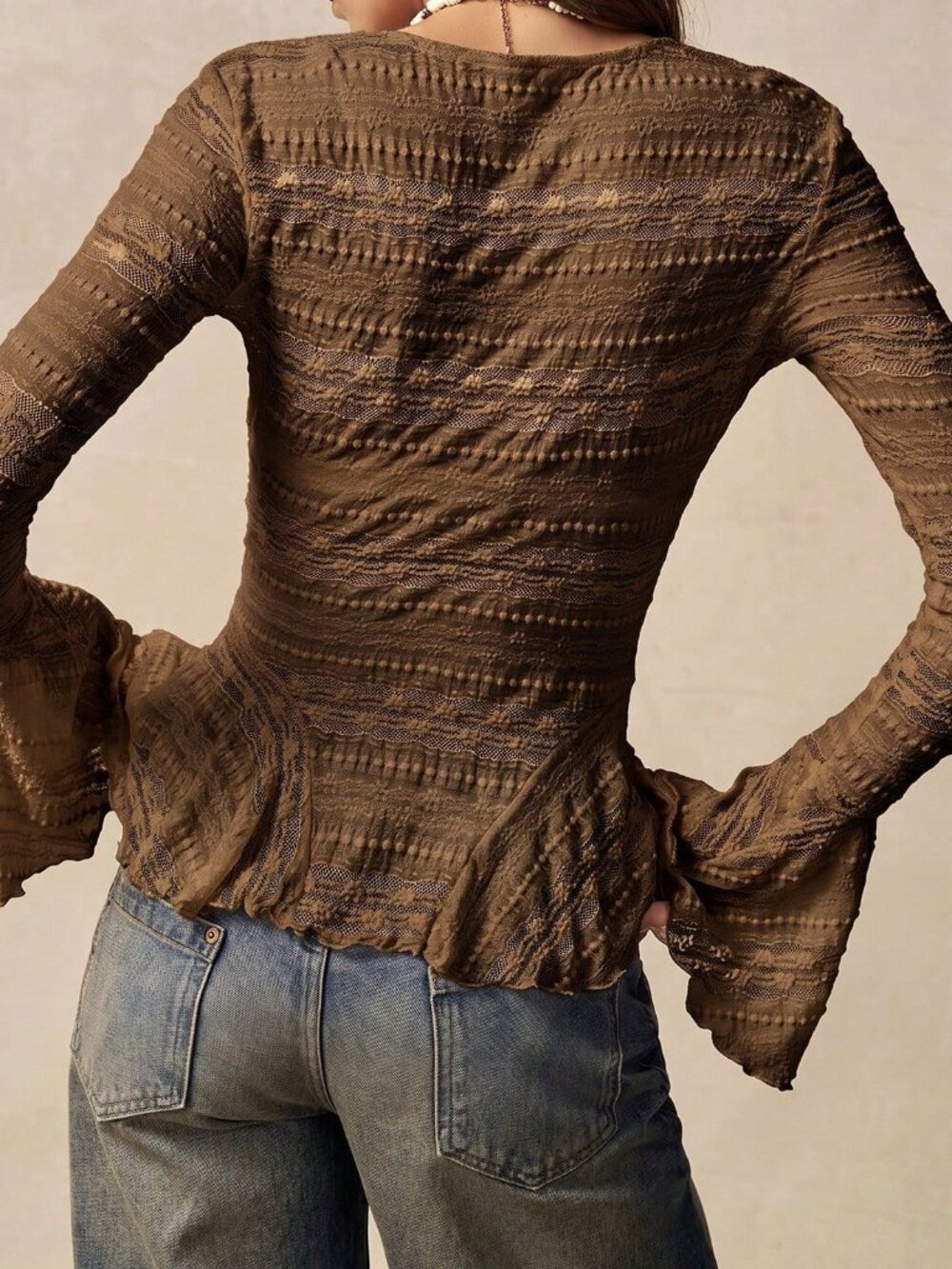 Coffee Brown Casual Women's V-Neck Flared Sleeve Lace Fitted T-Shirt - Picture 2 of 8